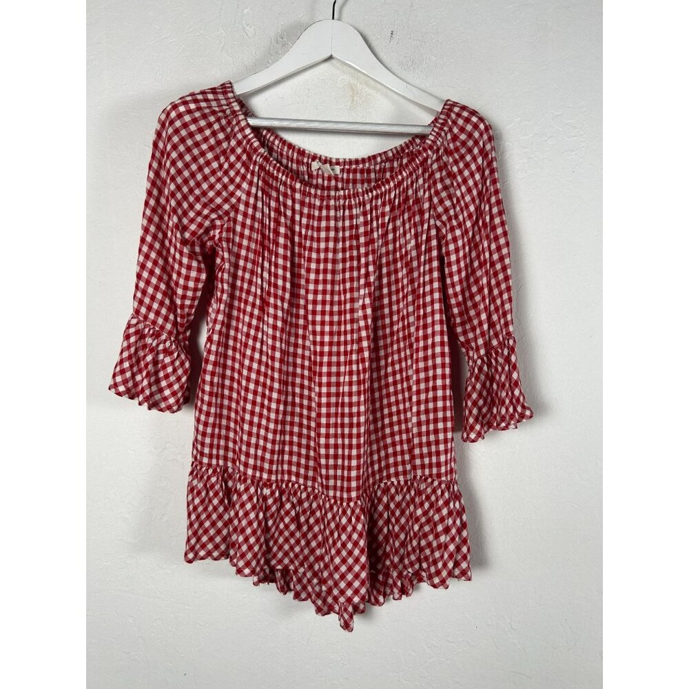 Beachlunchlounge Womens Gingham Off-The-Shoulder Top Large Red 3/4 Sleeve NWOT